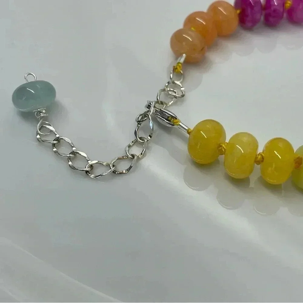 Rainbow Beaded Hand Knotted Bracelet Sterling Silver Silk Crystal Quartz Ombré - Picture 7 of 8